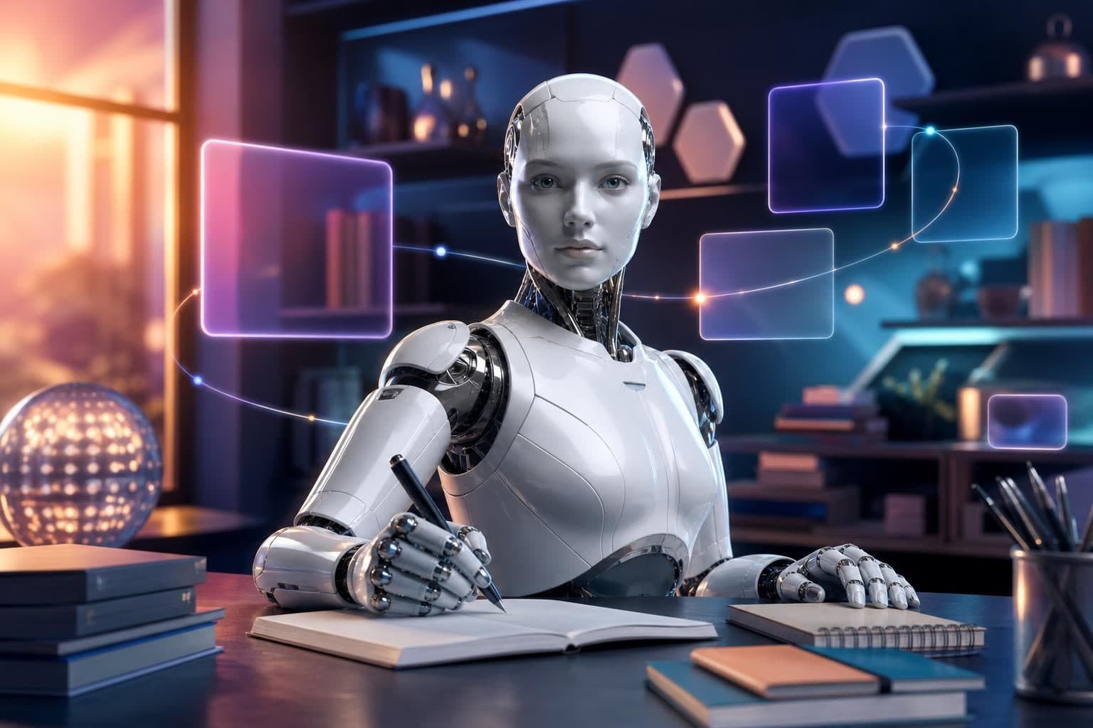 A humanoid robot sits at a desk writing in a notebook, surrounded by books and geometric glowing shapes.