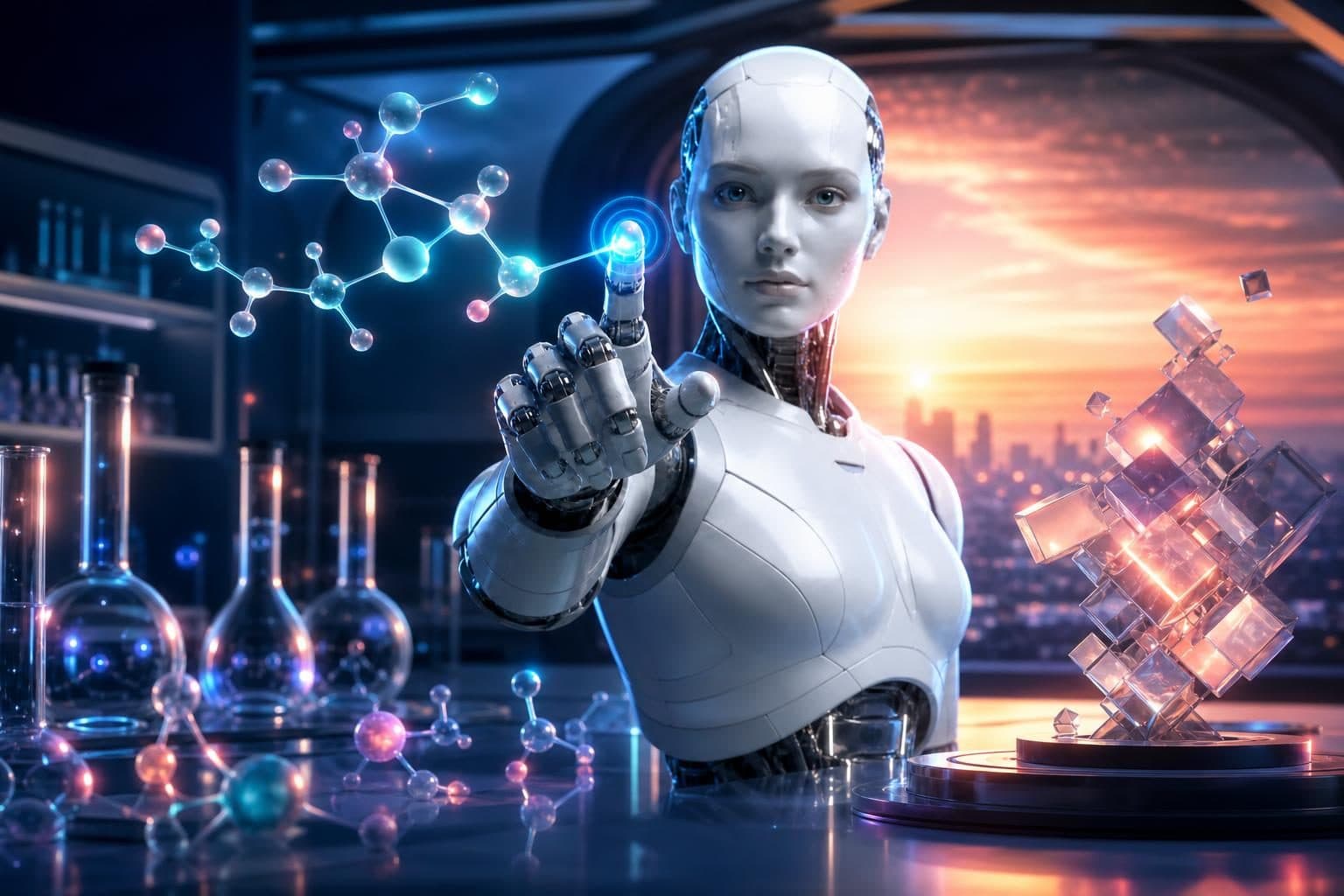 A humanoid robot in a lab interacts with a glowing molecular structure at sunset, surrounded by lab glassware and cubes.