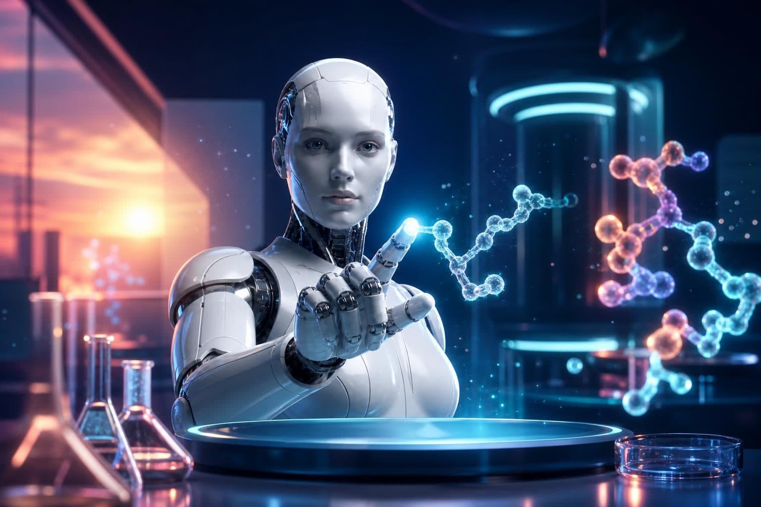 Humanoid robot in a laboratory interacts with glowing molecular structures and glassware at sunset