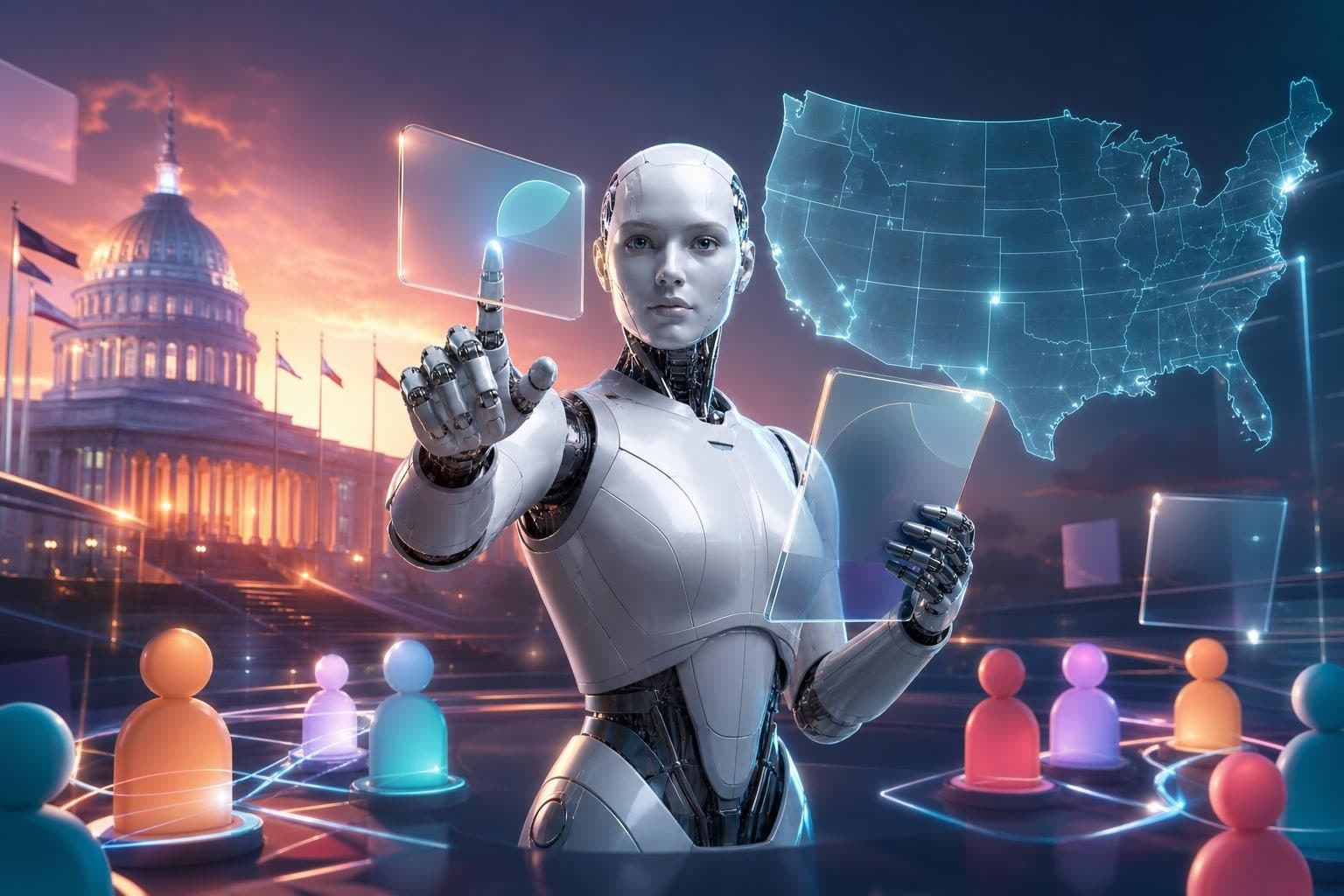 Humanoid robot using transparent screens, with US Capitol dome and digital US map in background