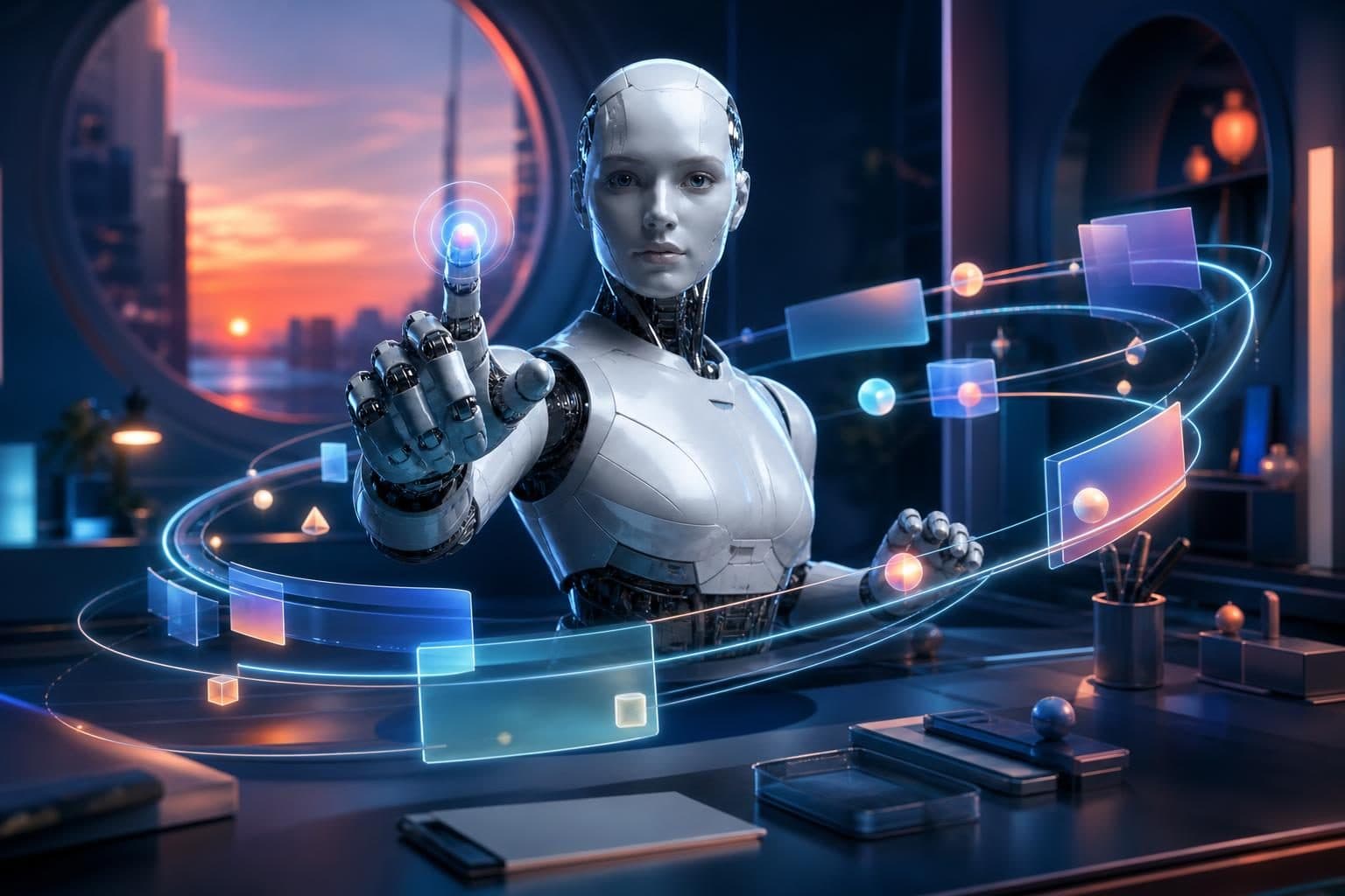Glossy humanoid robot interacting with glowing, floating panels in a modern office at sunset.