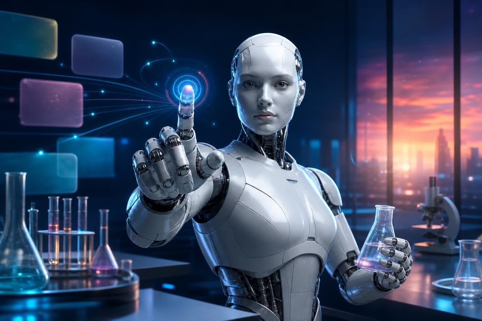 Humanoid robot in a futuristic lab holding a beaker and touching a glowing virtual interface