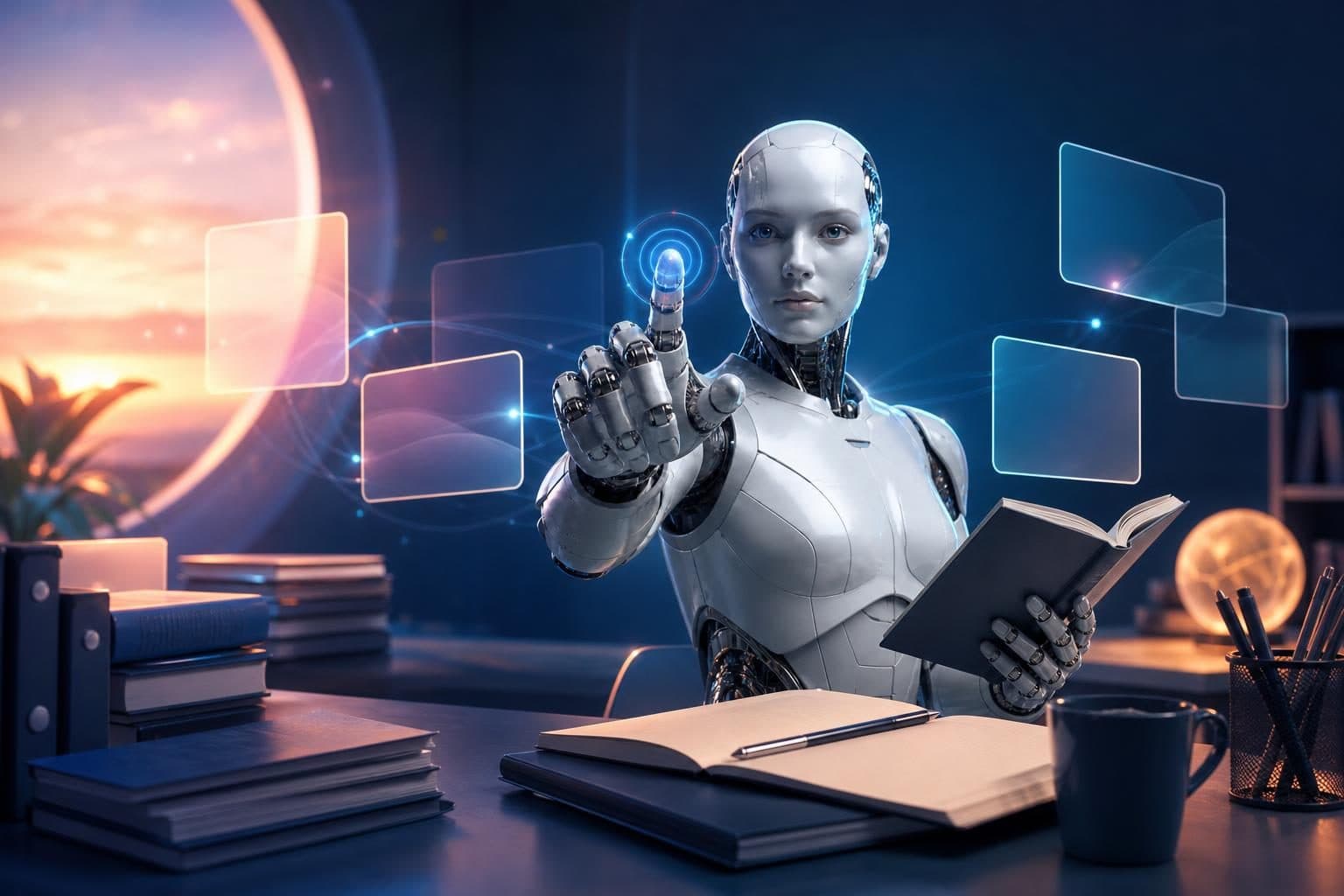 Robot holding a book in one hand while activating a glowing virtual screen with the other in an office setting