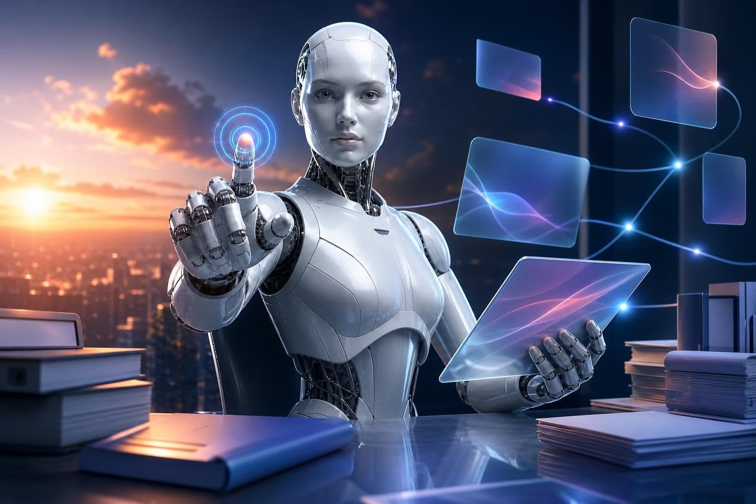 A humanoid robot interacts with digital screens in an office filled with papers and books at sunset.