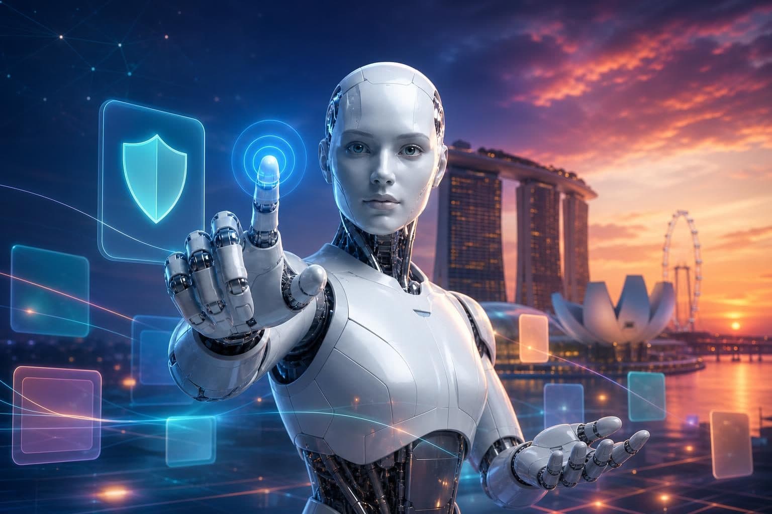 Futuristic robot interacts with glowing icons against a Singapore cityscape at sunset.
