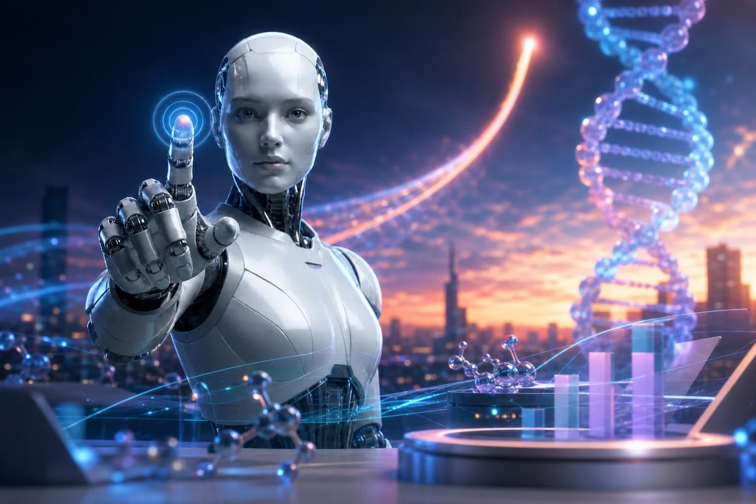 Humanoid robot touches a virtual interface with DNA strands and molecular models in a cityscape at sunset.