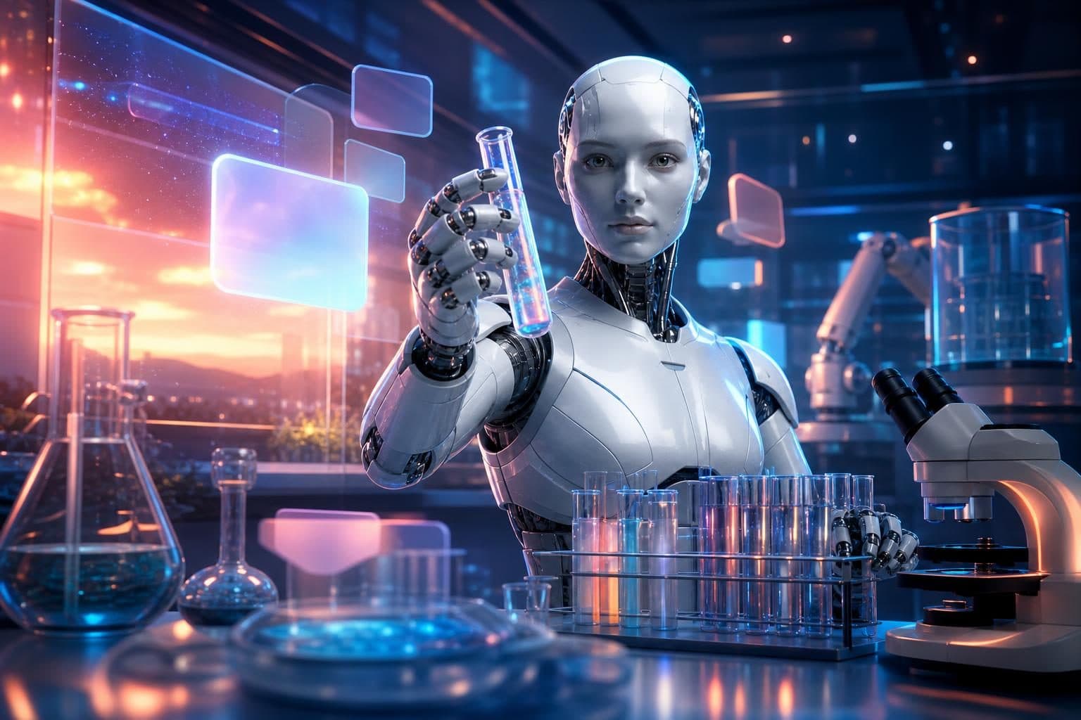 Humanoid robot holding a test tube in a futuristic laboratory with microscopes and glassware.