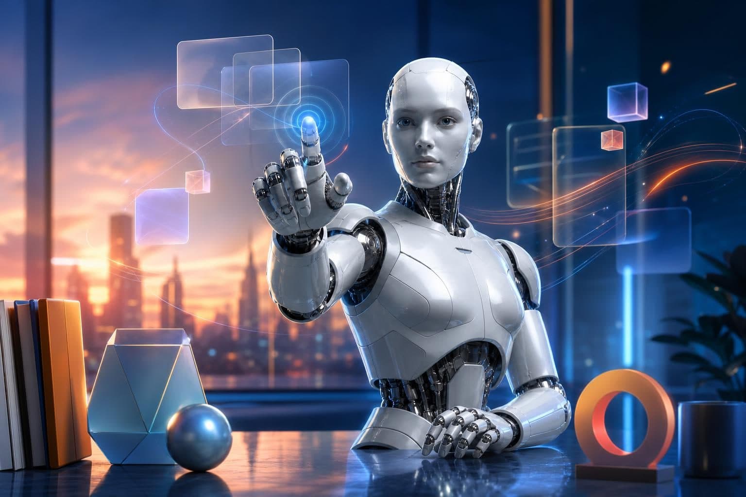 Futuristic robot interacting with glowing floating interface in an office at sunset, with books and geometric objects on desk