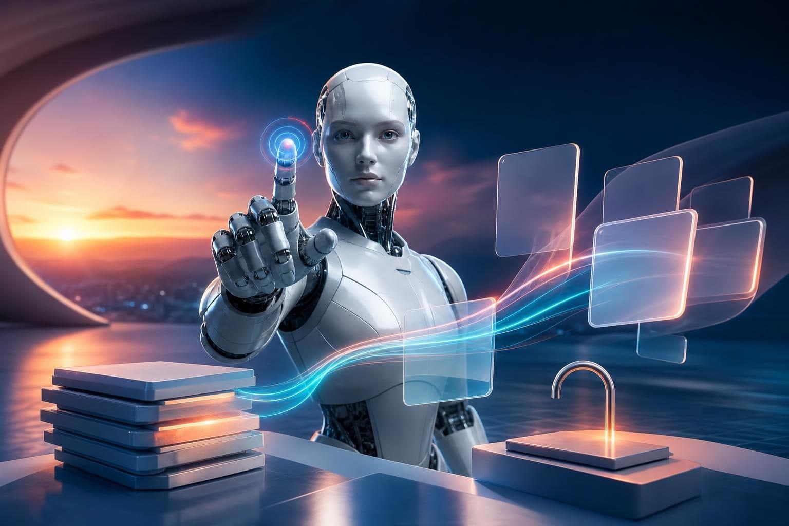 Glossy humanoid robot interacts with floating translucent panels and a glowing unlocked padlock in a futuristic room at.
