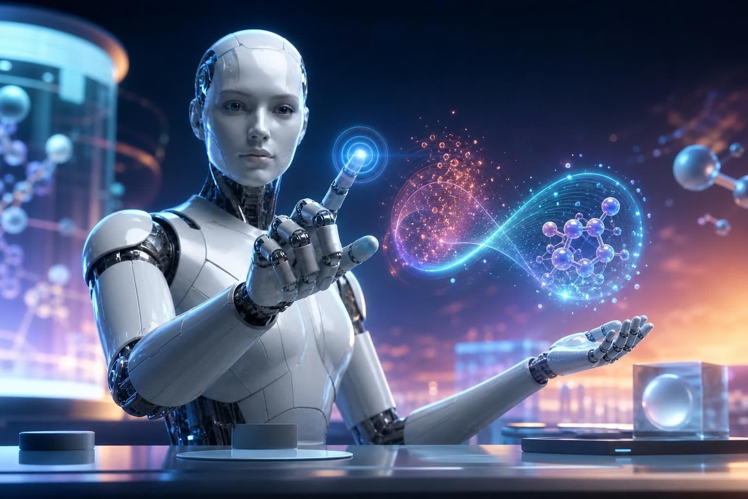 A humanoid robot interacts with glowing molecular and scientific symbols in a futuristic laboratory setting.