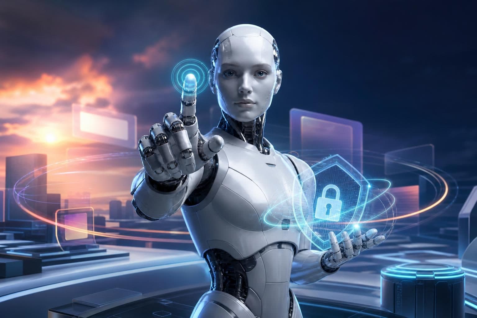 A humanoid robot holds a glowing lock shield hologram and touches a digital interface in a futuristic cityscape.